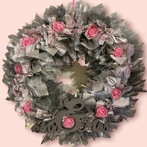Wedding Wreath - Bride & Groom with Pink Roses - with Mr & Mrs sign